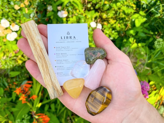 Libra Crystal Set // With Palo Santo, Zodiac Sign Astrology Gemstones, Gift For Libra, Holy Wood Incense, Spiritual Birthday For October