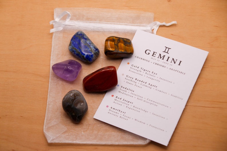 Gemini Crystal Set // Zodiac Tumbled Stones Astrology Set Star Sign Crystal Kit Gemstones For Gemini Gifts June Birthstone Minerals Gems image 1
