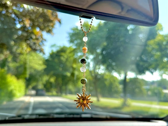 Spiritual Sun Charm | 17cm Made With Real Gemstones Green Agate, Hanging Car Decal For Mirror, Protection Chime, Bohemian Style Pendant Gift