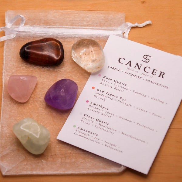 Cancer Crystal Set // Zodiac Tumbled Stones Astrology Set Star Sign Crystal Kit Gemstones For Cancers Gifts July Birthstone Minerals Gems