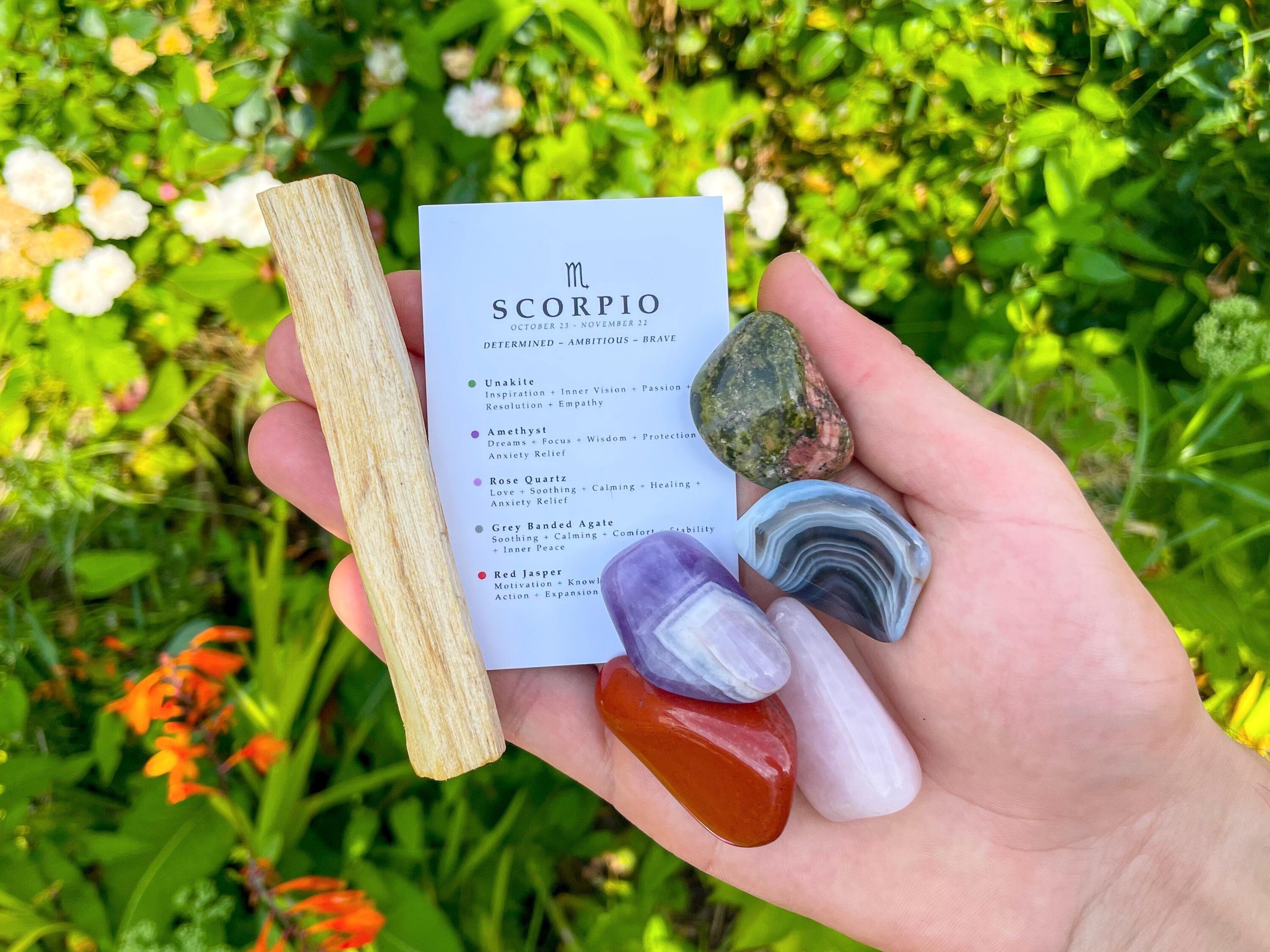 Scorpio Crystal Set // With Palo Santo, Zodiac Sign Astrology Gemstones ...