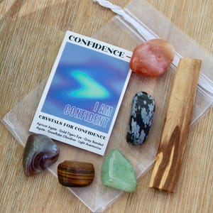 Set de cristales de confianza con palo santo // Set de regalo de piedras pulidas para ganar confianza // Impulso de confianza // Siéntete esperanzado // Con tarjeta informativa
