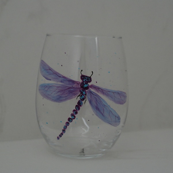 Purple Dragonfly Stemless Wine Glass; Hand painted