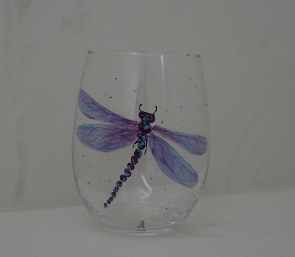 Purple Dragonfly Stemless Wine Glass; Hand painted