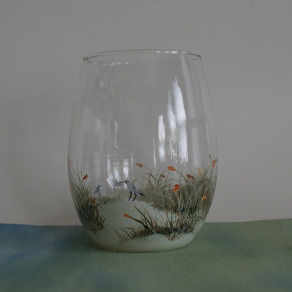 Beach Stemless Wine Glass; Hand painted; Sandpiper; Beach Scene