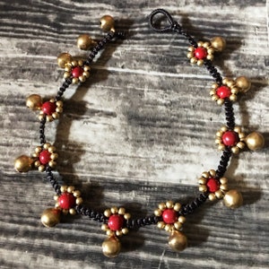 Hand crocheted Coral chips, Red howlite beads Brass Bells Hippie Anklet, Beach days, Women