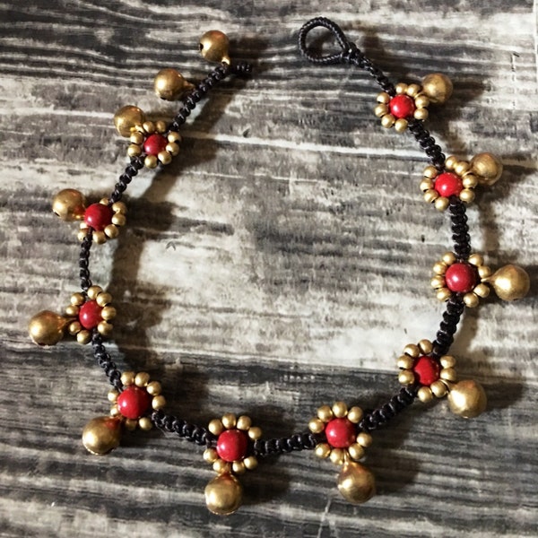 Hand crocheted Coral chips, Red howlite beads Brass Bells Hippie Anklet, Beach days, Women