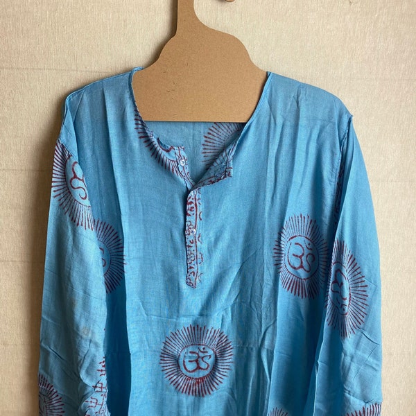 Teal Blue OM Mantra Rayon Tunic Top, Unisex Boho Shirts, Men's Kurta, Yoga OHM Top, Deity Print Tunic, Symbolic Mantra Shirts, Women's Kurta