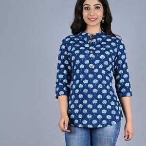 Indigo Pine Clusters Block Printed Tunic  | Cotton Print Shirts for women | Short Kurtis | Women’s Shirts | Cotton Blouse Tunics S-2XL