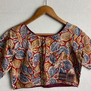 Mayili Kalamkari Crop Top Blouses|Designer Blouses|Sari gift for modern ethnic women|Comfort in Cotton| Natural design fall leaves in s-xl