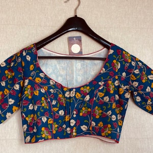 Blue Kalamkari Saree Blouse / Cotton Kalamkari Designer Blouse/ Sari Blouse for women /Cotton Short Sleeve saree blouses /Stitched Blouse