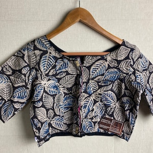 Mayili Kalamkari Crop Top Blouses|Designer Blouses|Sari gift for modern ethnic women|Comfort in Cotton| Natural design fall leaves in s-xl