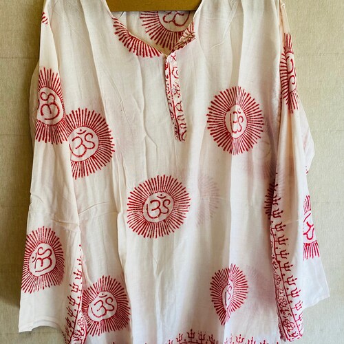 Handmade Rayon block-printed Om Shirt |White Unisex Festive shirts | BOHO symbolic Deity Mantra shirts |OM, Ganesha , Shiva, Krishna, Buddha