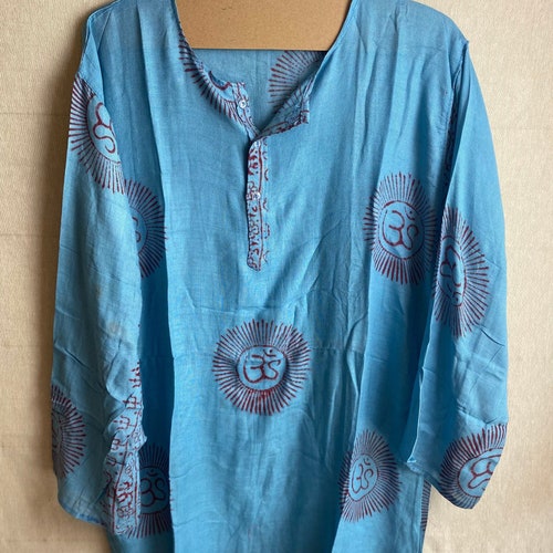 Teal Blue OM Mantra Rayon Tunic Top, Unisex Boho Shirts, Men's Kurta, Yoga OHM Top, Deity Print Tunic, Symbolic Mantra Shirts, Women's Kurta