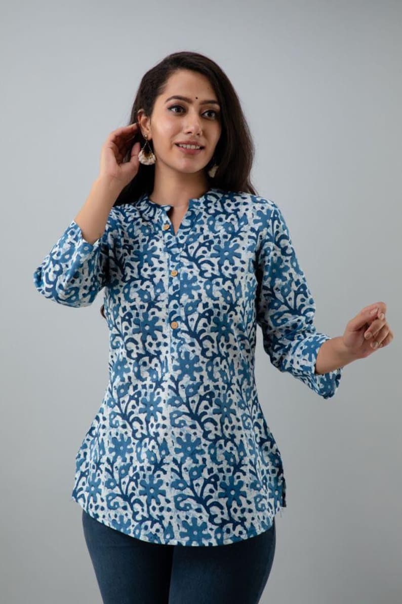 Indigo Clematis Tunic Cotton Print Shirts for Women Short - Etsy