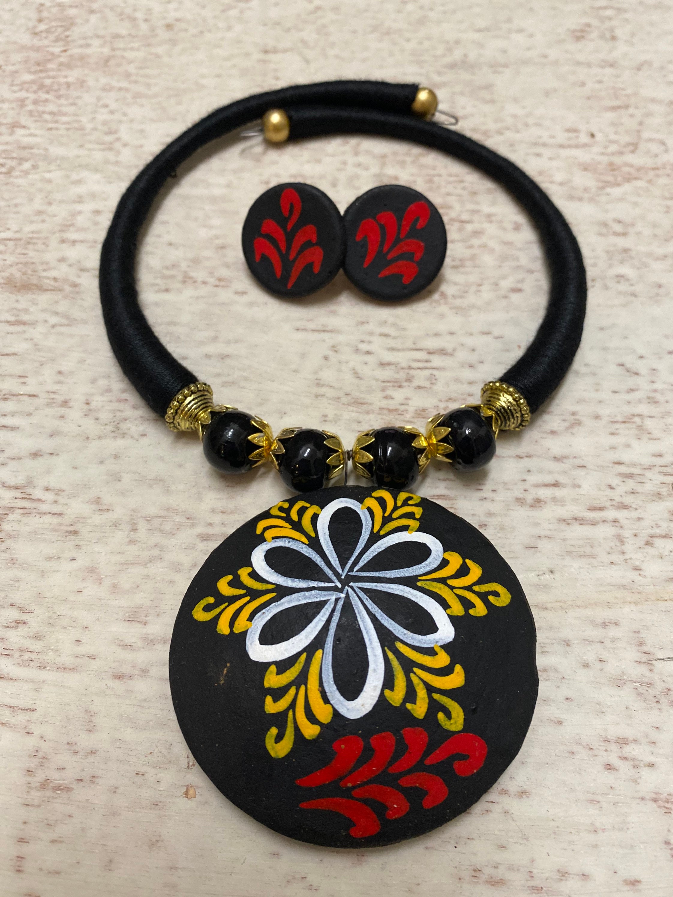Choker Necklace Earrings Set Indian Terra cotta Hand Painted