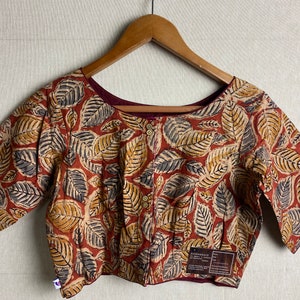 Mayili Kalamkari Crop Top Blouses|Designer Blouses|Sari gift for modern ethnic women|Comfort in Cotton| Natural design fall leaves in s-xl