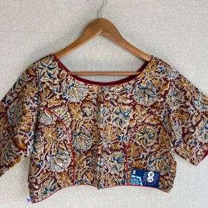 Mayili Kalamkari Crop Top Blouses|Designer Blouses|Sari gift for modern ethnic women|Comfort in Cotton| Natural brown floral design in s-xl