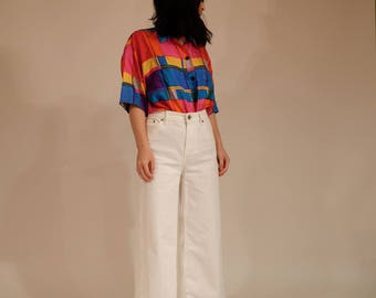 Pattered Silk Short Sleeve Button Up, S/M