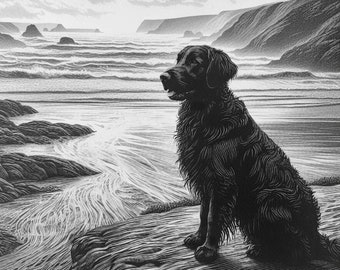 Giclée Print of "A Day at the Beach 1." One of a Series of Flat Coated Retriever Art Prints
