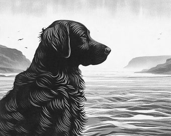 Giclée Print of "A Day at the Beach 2" One of a Series of Flat Coated Retriever Art Prints