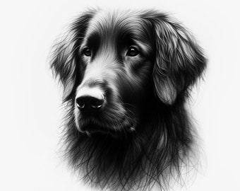 Giclée Print of a Flat Coated Retriever Charcoal Head Study.  Wall Art