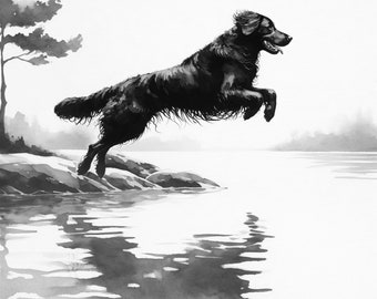 Giclée Print of "Dock Diving II" Flat Coated Retriever Wall Art
