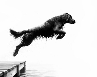 Giclée Print of "Dock Diving III" Flat Coated Retriever Wall Art