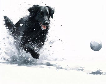 Giclée Print of "Dashing Through the Snow" is a watercolor like art print of a black, Flat Coated Retriever chasing a snowball.