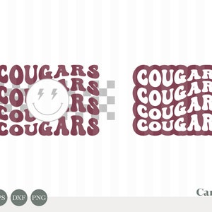 Puede incluir: Un diseño digital que presenta la palabra "COUGARS" repetida en una fuente retro y ondulada. La palabra es de color marrón y está superpuesta sobre sí misma. Una cara sonriente blanca con rayos para los ojos está en el centro del diseño.