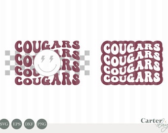 Cougars Team Mascot Bundle / svg, eps, dxf & png / Groovy / Retro / Checkered / Smiley Face / Lightning Eyes / Wavy Text