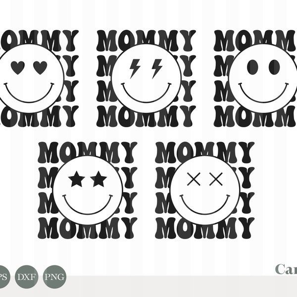 Mommy Stack Smiley Face Bundle / svg, eps, dxf & png / Lightning Star Cross Heart Eyes / Happy Face / Groovy / Family Smiley Face Bundles