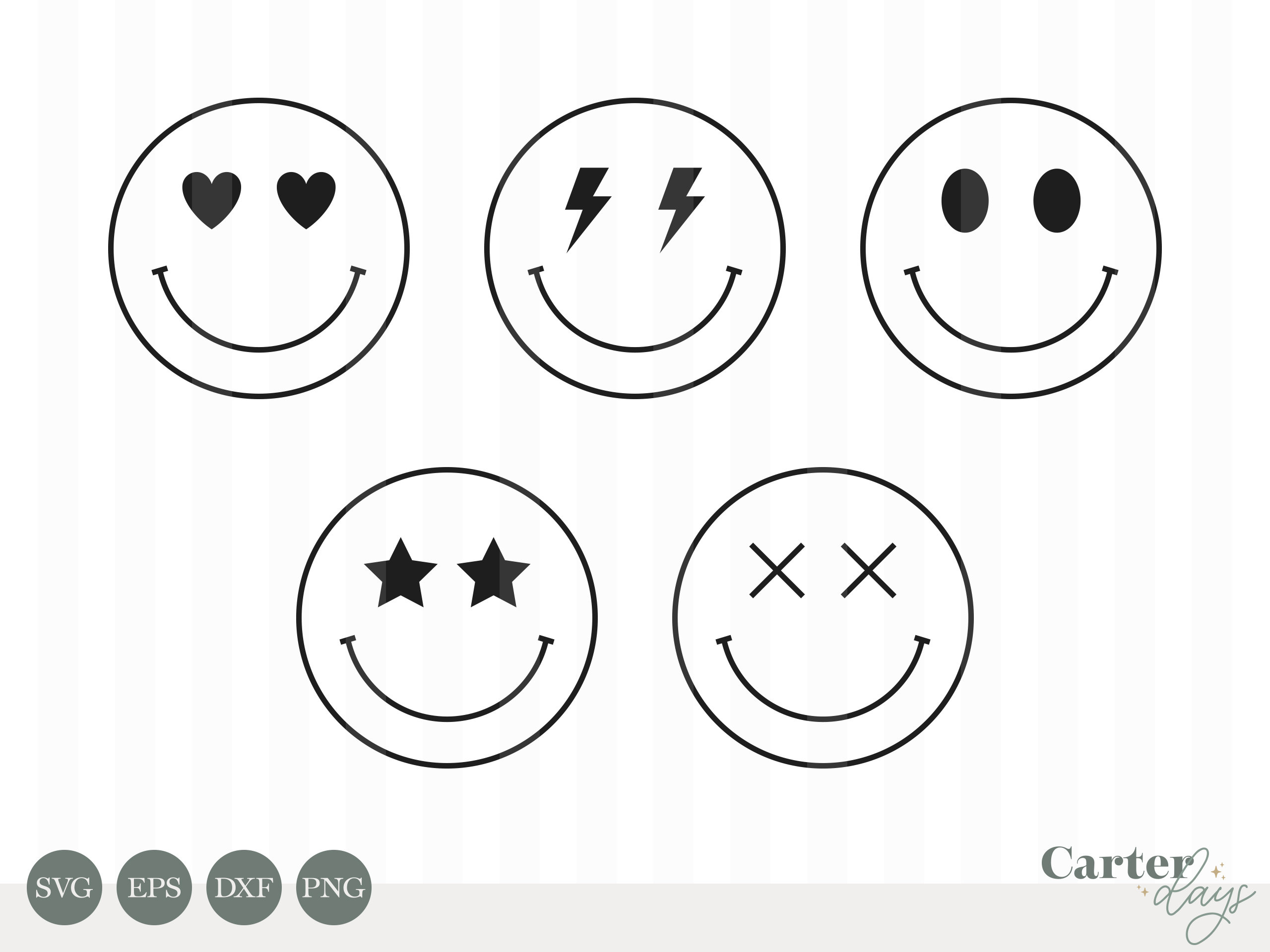 Smiley Face Bundle / Svg, Eps, Dxf & Png / Heart Lightning Star Cross ...