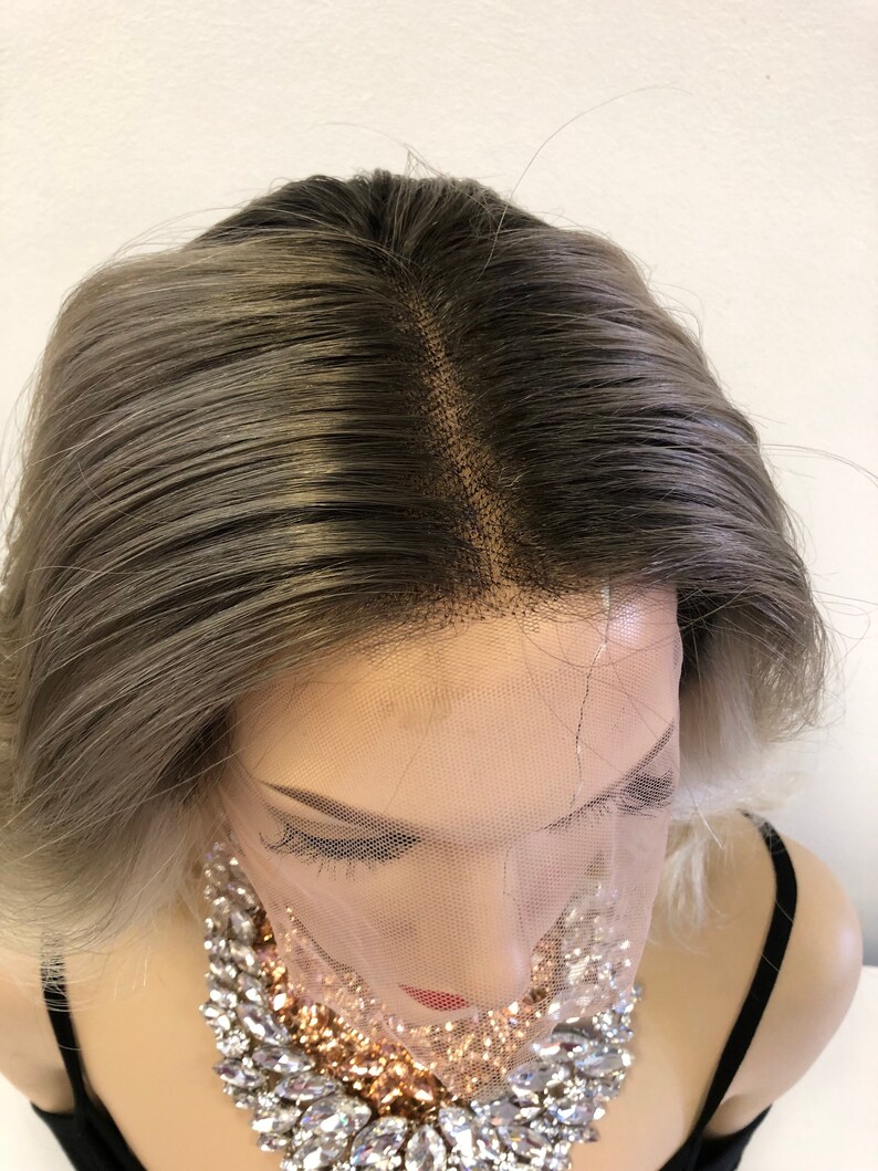 Custom Dark Ash Blond Balayage Ombre Root Full Lace Wig 12 Inches Mila