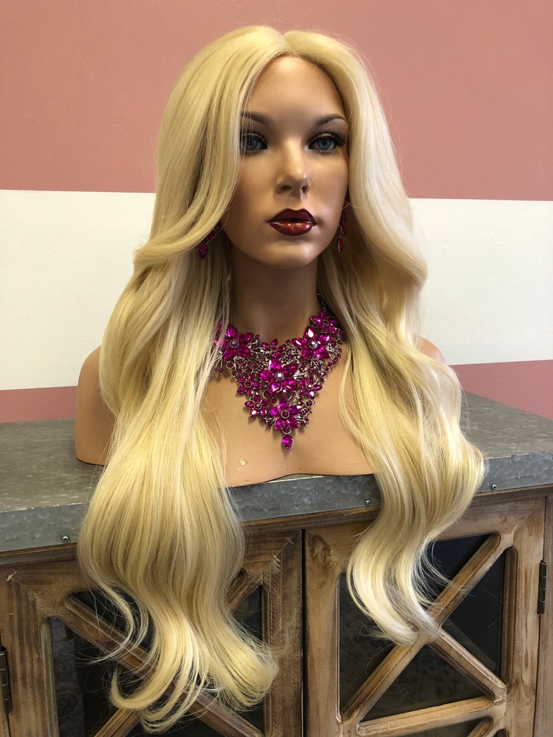 Long Blond Lace Front Wig Large Barrel Curls Layered Bangs Etsy