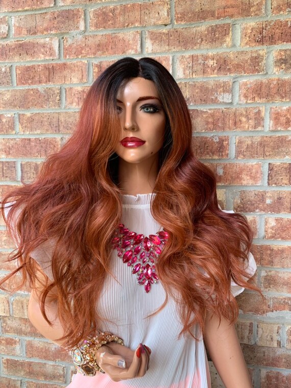 Red Balayage Hair With Dark Brown Ombre Roots 419