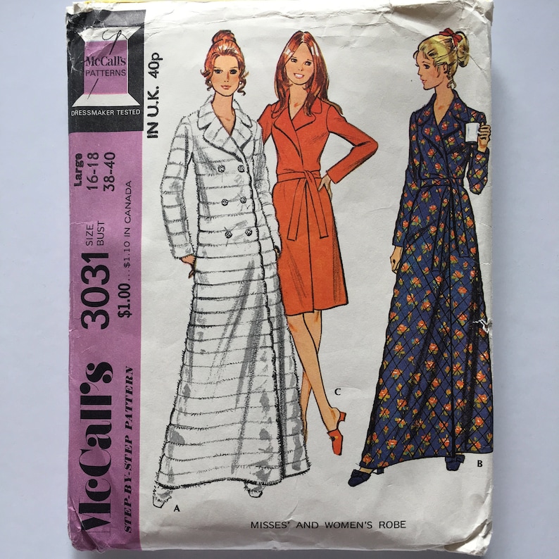 Set of Three Robes Seventies Size 16 to 18 Women Supply Dressing Gown Craft McCalls Sewing Pattern 1970s Fashion 3031