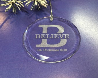 Personalized Engraved Glass Ornament, Baby's First Christmas, Initial Last Name Ornament, Engraved Crystal Ornaments, Memorial Ornament,