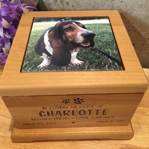 May include: A wooden pet urn with a photo of a basset hound on the lid. The urn is engraved with the words "In loving memory of Charlotte, Beloved friend & loyal companion, March 22, 2007, March 8, 2021".