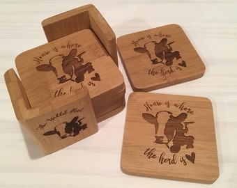 Home Is Where The Herd Is Wood Engraved Coaster Set Farmhouse Decor Cow Farm Coasters Personalized Custom Coaster Set of 6 With Holder