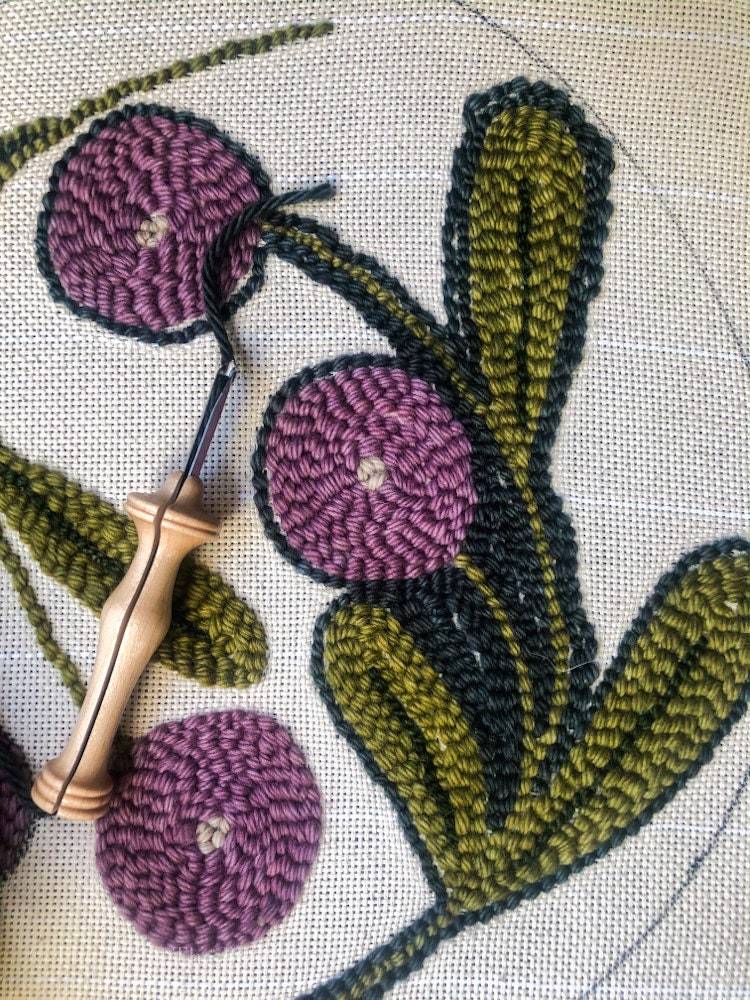 Round Flowers Punch Needle Rug Hooking Pattern Drawn on Monk's Cloth or ...