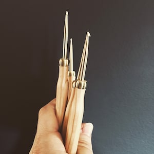Peut inclure: Gros plan sur trois crochets de crochet avec des manches en bois clair et des pointes en métal doré. Les crochets sont présentés sur un fond gris foncé. Les manches ont une finition lisse et naturelle.