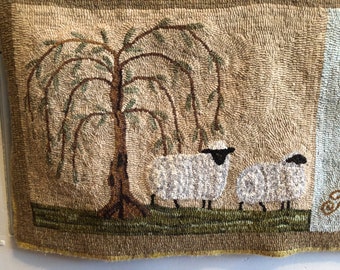 Sheep Under the Willow Tree Rug Hooking Pattern on Linen