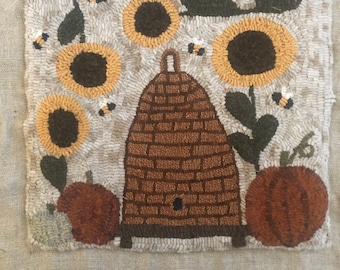 Pumpkin Bee Skep Rug Hooking Pattern on Linen