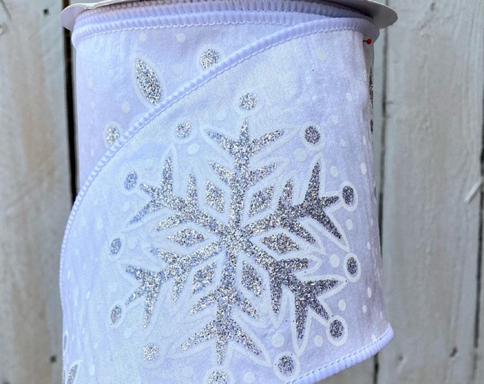 Snowflake Dupioni ribbon, 4” Wired White and silver snowflake ribbon, Luxury winter Ribbon, Wreath Supplies, 4” ribbon