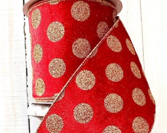 Red velvet gold polka dot Ribbon, Polka dot ribbon, Luxury Ribbon, Wreath Supplies