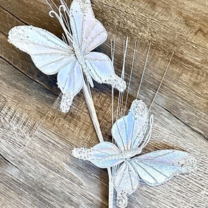White Butterflies, Velvet White Butterflies, Sequins Butterfly, Long Stem Florals