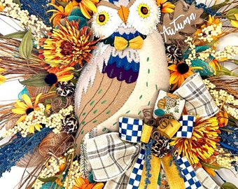 Fall wreath, Owl door swag, Autumn Wreath, Harvest pumpkin Wreath, owl swag, Ritzy Glitzy Wreaths, owl fall swag, fall front doors
