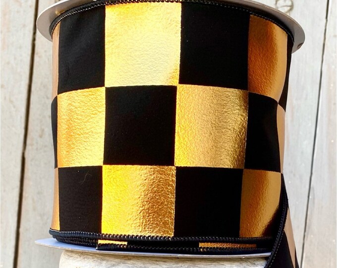 Gold Checkered Ribbon, Black and Gold ribbon, Check ribbon, checkered ribbon, Holiday ribbon. 4" ribbon, Gold and Black Checks.