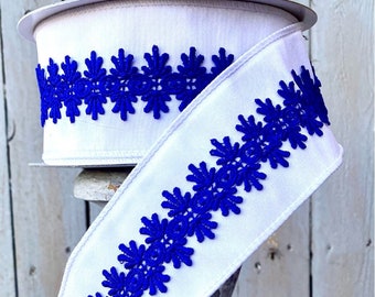 Blue Lace Border ribbon, Farrisilk Luxury Ribbon, Wreath Supplies, white and blue ribbon, Designer Ribbon